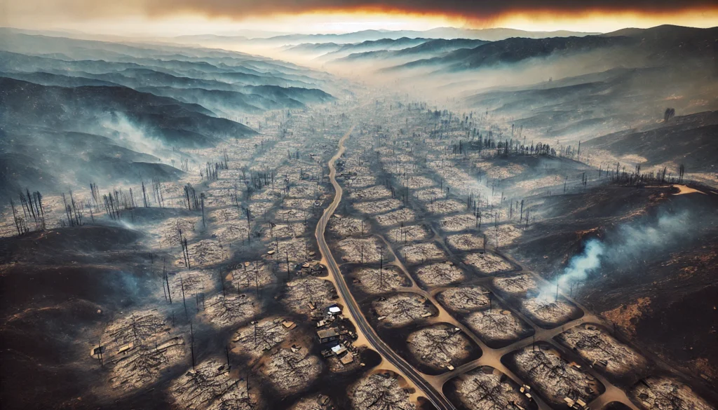 DALL·E 2025 01 11 20.52.16 An aerial view of the Southern California wildfire destruction showcasing a vast charred landscape with patches of smoldering ground and a haze of s