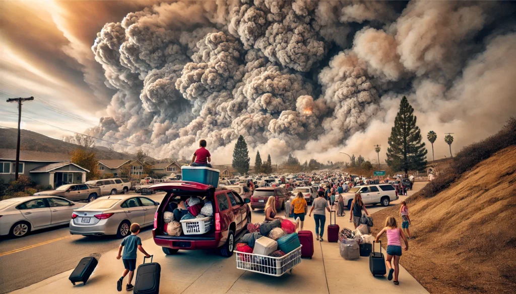 DALL·E 2025 01 11 20.52.20 A community evacuation scene in Southern California during the wildfires showing families hurriedly packing their belongings into cars. In the backgr