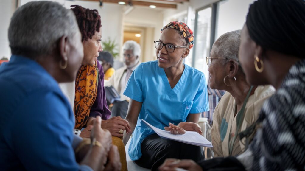 a community health worker discussing pol LWNfK5OrTIymUfW54YAJ4A HVEYQ48T3CKs7Z56e9tWg