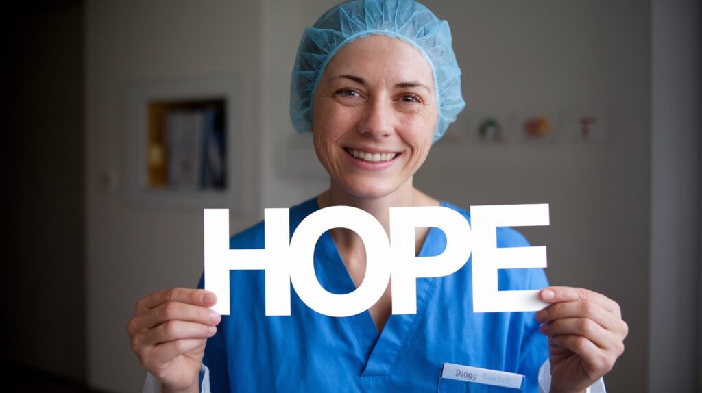 a smiling cancer patient holding a hope RC82iY8DQu J9gyuk6pU7A ahs1vpoTTXa S4mLuHW7PQ