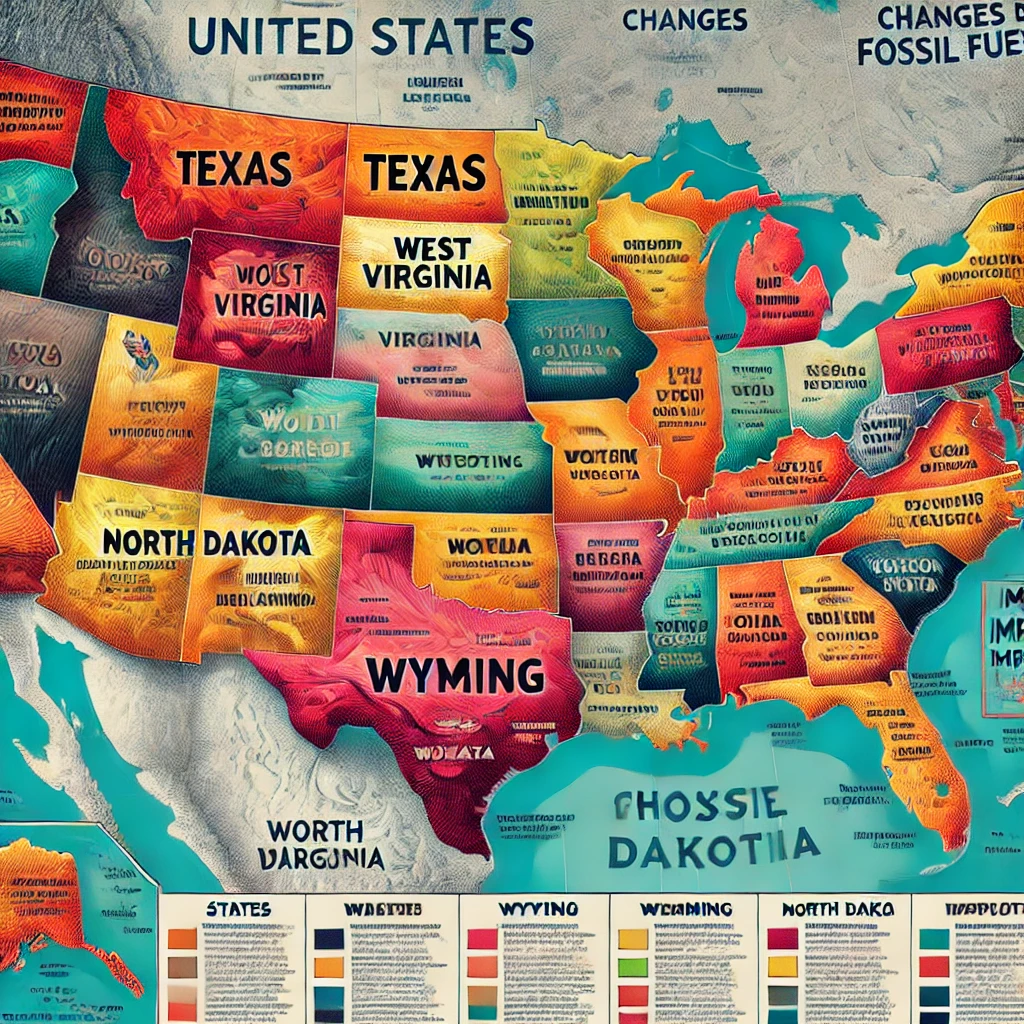 DALL·E 2025 02 03 20.26.26 A detailed map of the United States highlighting states most affected by changes in the fossil fuel industry. The map should use vibrant colors to ind