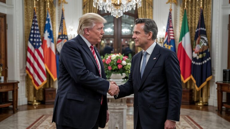 A handshake between President Trump and a foreign leader, symbolizing diplomatic agreements.