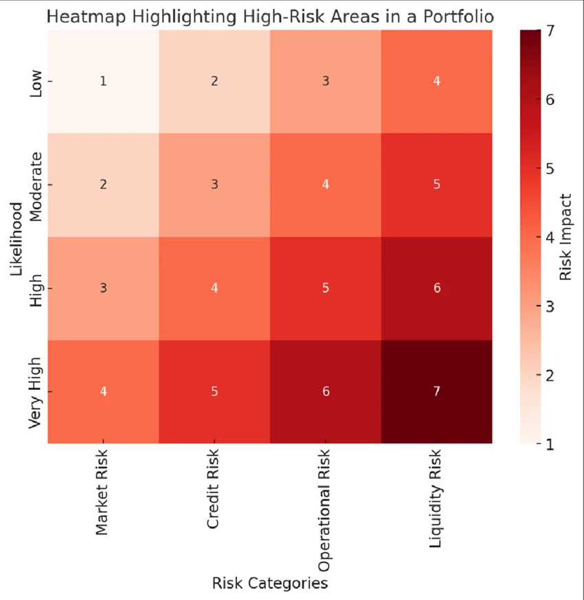 A heatmap highlighting high risk areas in a portfolio showcasing risks categorized by