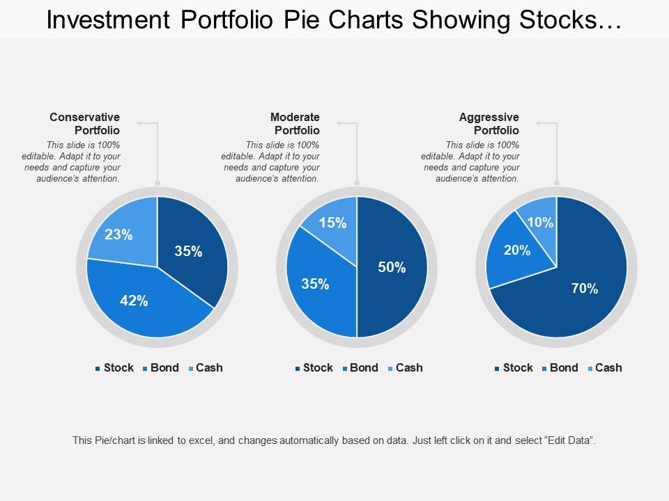 investment portfolio pie charts showing stocks bonds cash with conservative portfolio Slide01